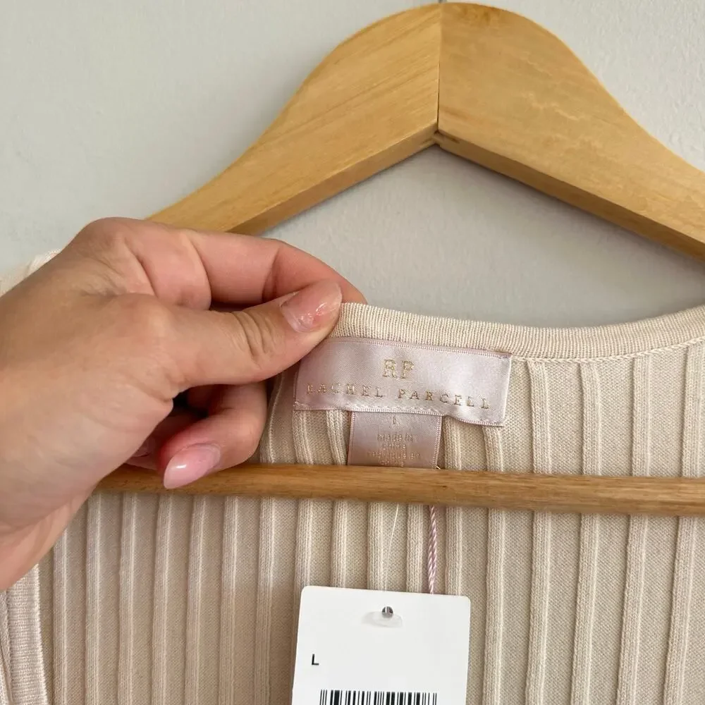 Rachel Parcell Ribbed Knit Scoop Neck Short Sleeve Midi Dress Beige Faded L - Picture 5 of 11
